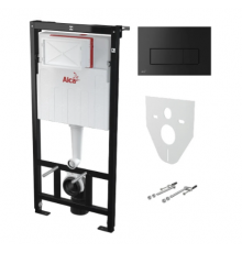 Комплект 4 в 1: Установочная система AlcaPlast AM101/1120 с черной матовой прямоугольной кнопкой М678 и прокладкой М91